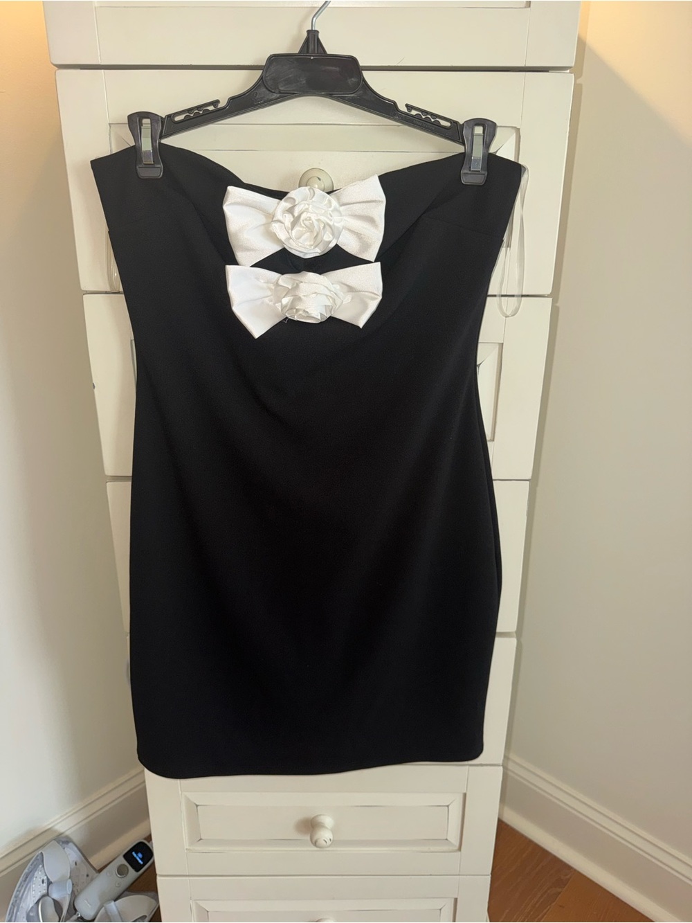 Black Strapless Cocktail Dress with White Rosette Bow Accents